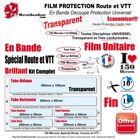Film Protection cadre Vélo Route VTT Universel 150 Microns Bande Découpé