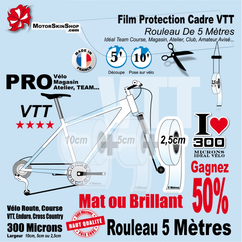 Rouleau Film Protection cadre VTT 500 Microns 10cm en rouleau PRO Finition  Brillant