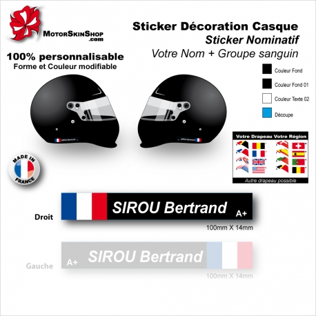 Sticker Nominatif Casque Moto Décoration Nom + Groupe Sanguin + Drapeau