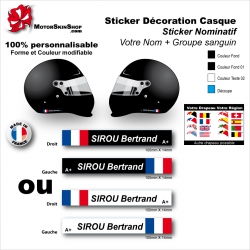 Sticker Nominatif Casque Moto Décoration Nom + Groupe Sanguin + Drapeau