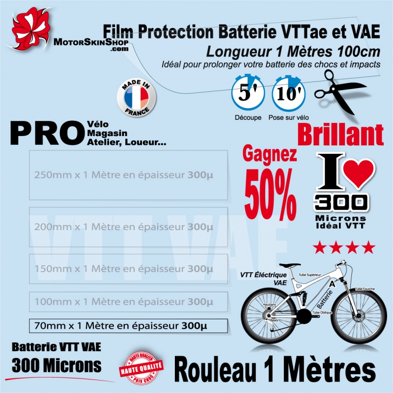 Rouleau Film Protection cadre VTT 300 Microns 10cm en rouleau PRO