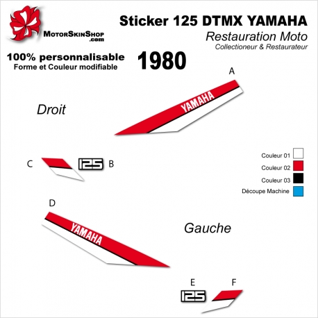 Sticker 125 DTMX Yamaha 1980 autocollant Type origine Réservoire Noir ou Blanc