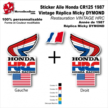 Sticker Aile Honda CR125 1987 Vintage Réplica Micky DYMOND Restauration VINTAGE HRC USA