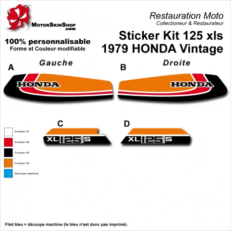 Sticker Kit 125 xls 1979 HONDA Vintage Noir Rouge Orange Réservoir et  plaques latérales