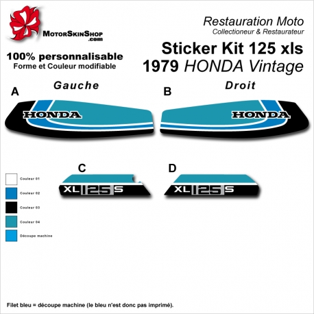 Sticker Kit 125 xls 1979 HONDA Vintage Noir Bleu Clair Vert Clair Réservoir et plaques latérales