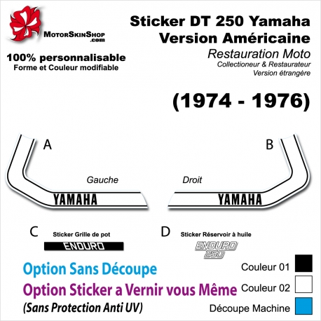 Sticker DT 250 Yamaha 1974 - 1975 - 1976 Moto Version USA Américaine modèle designation 512