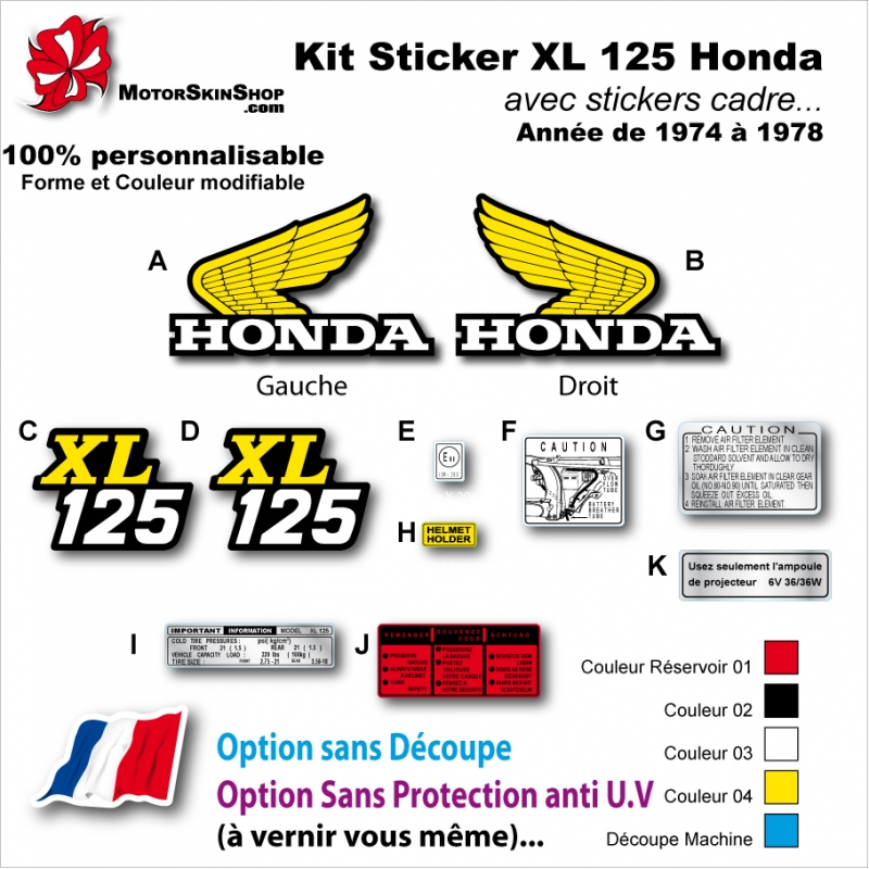 Kit Sticker XL 125 Honda avec 7 autocollant cadre et securité 1974 - 1978