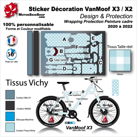 Kit Sticker Décoration VanMoof X3 / X2 Wrapping Tissus Vichy Protection Peinture cadre 2020 à 2022