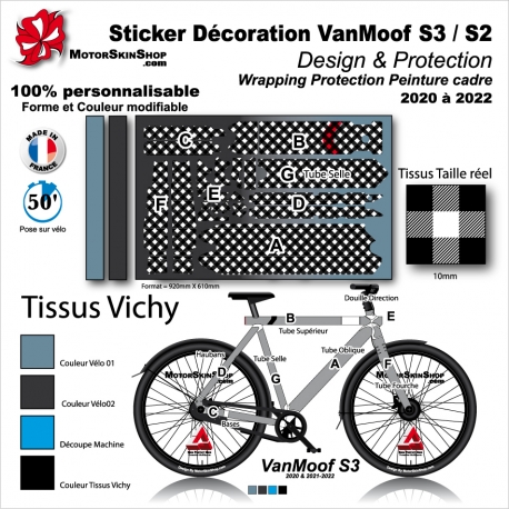 Kit Sticker Décoration VanMoof S3/S2 Wrap Tissus Vichy Protection Peinture cadre 2020 à 2022