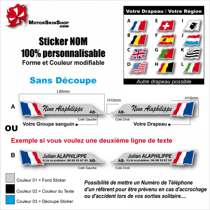 Sticker nominatif Vélo et casque personnalisable plus drapeau Nom +  Téléphone securité