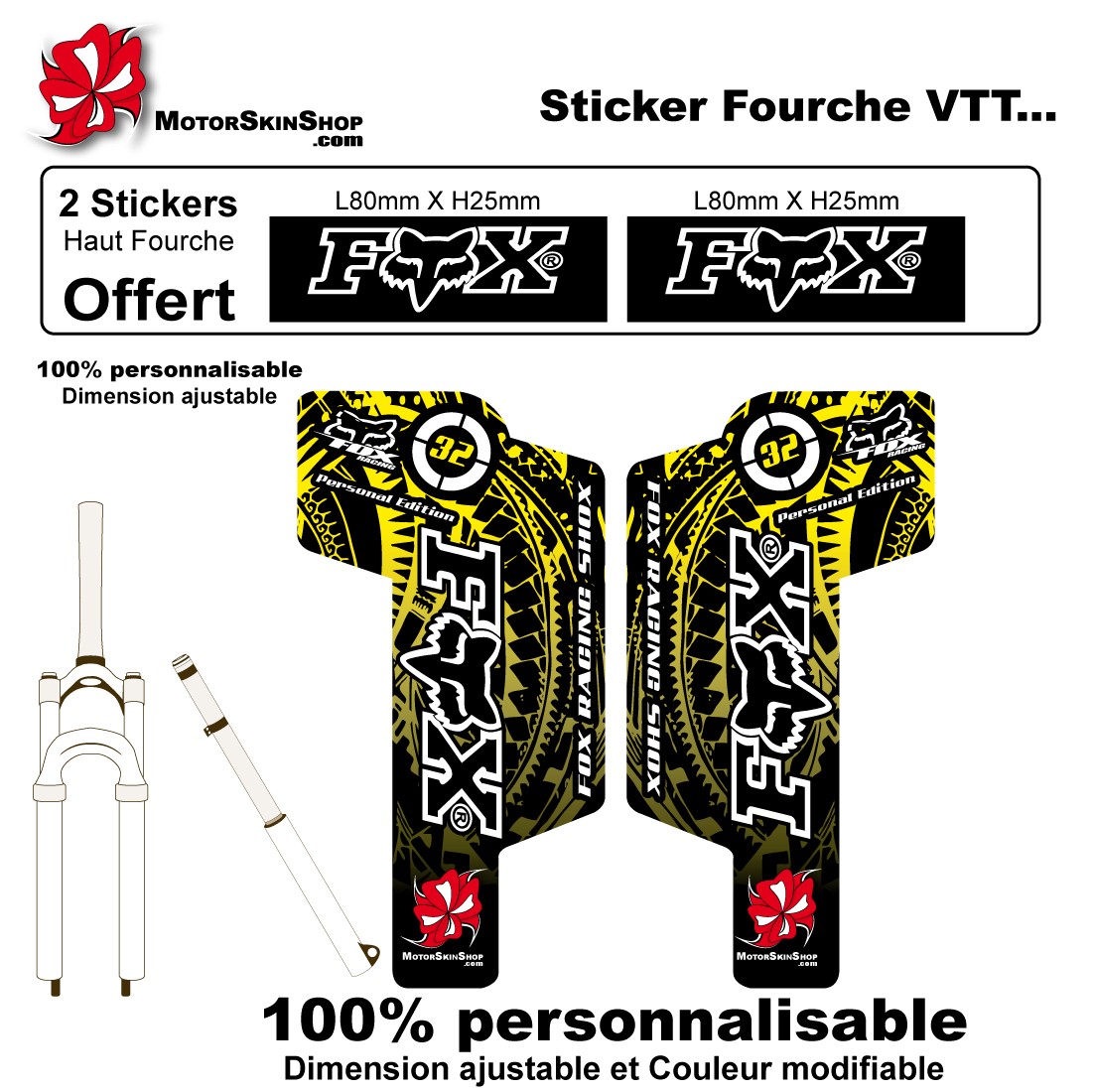 sticker fourche vélo fox VTT jaune