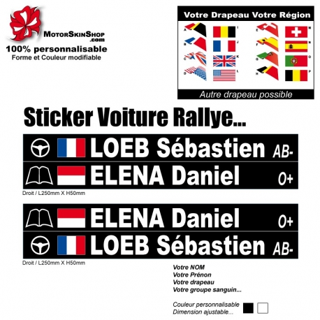 DRAPEAU RALLYE COURSE AUTOCOLLANT STICKER 2 X NOM PILOTE COPILOTE