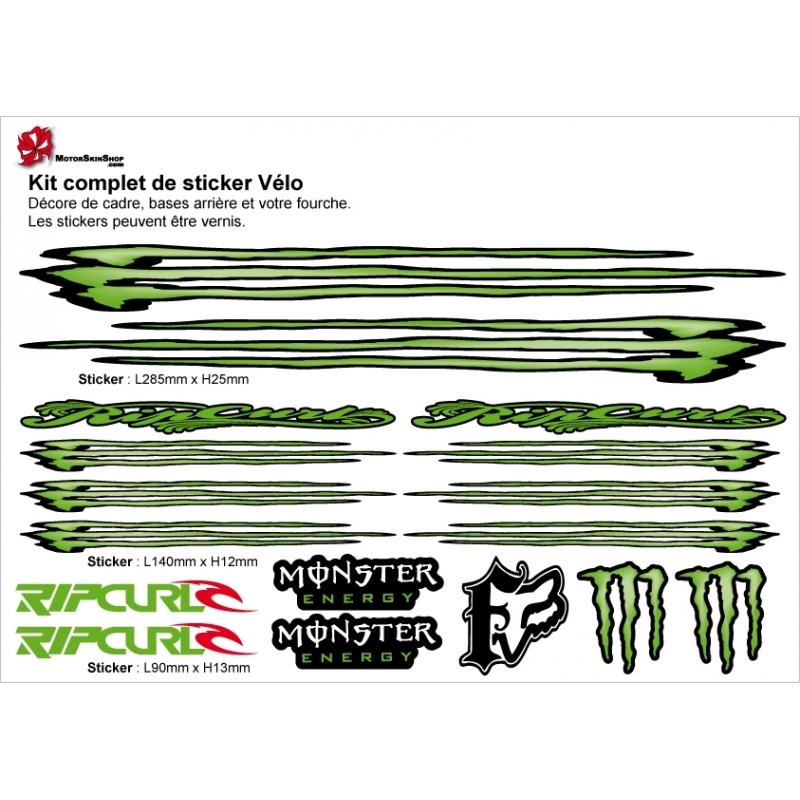 sticker cadre vélo monster energy rip curl fox