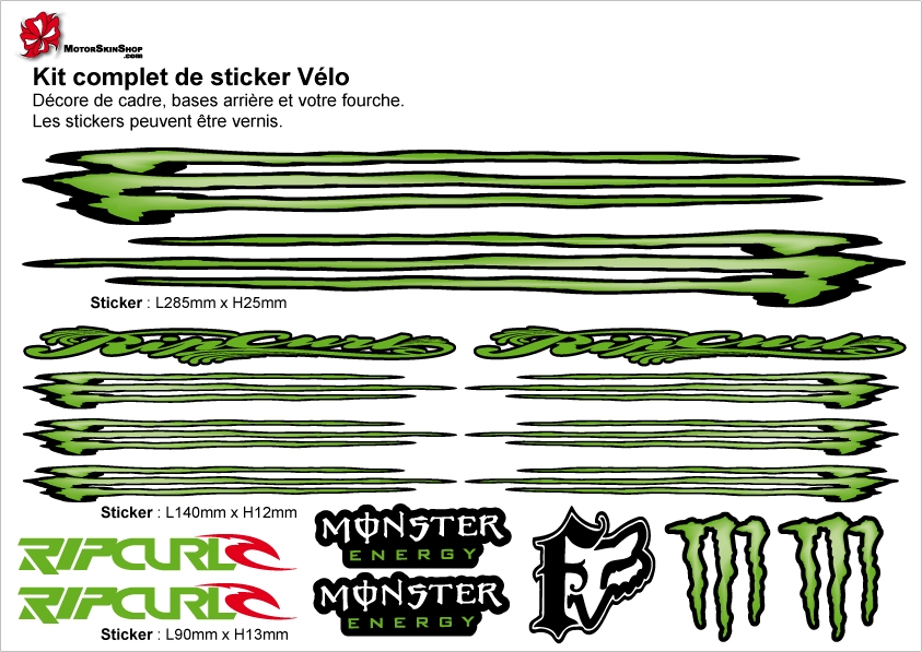 sticker cadre vélo monster energy rip curl fox